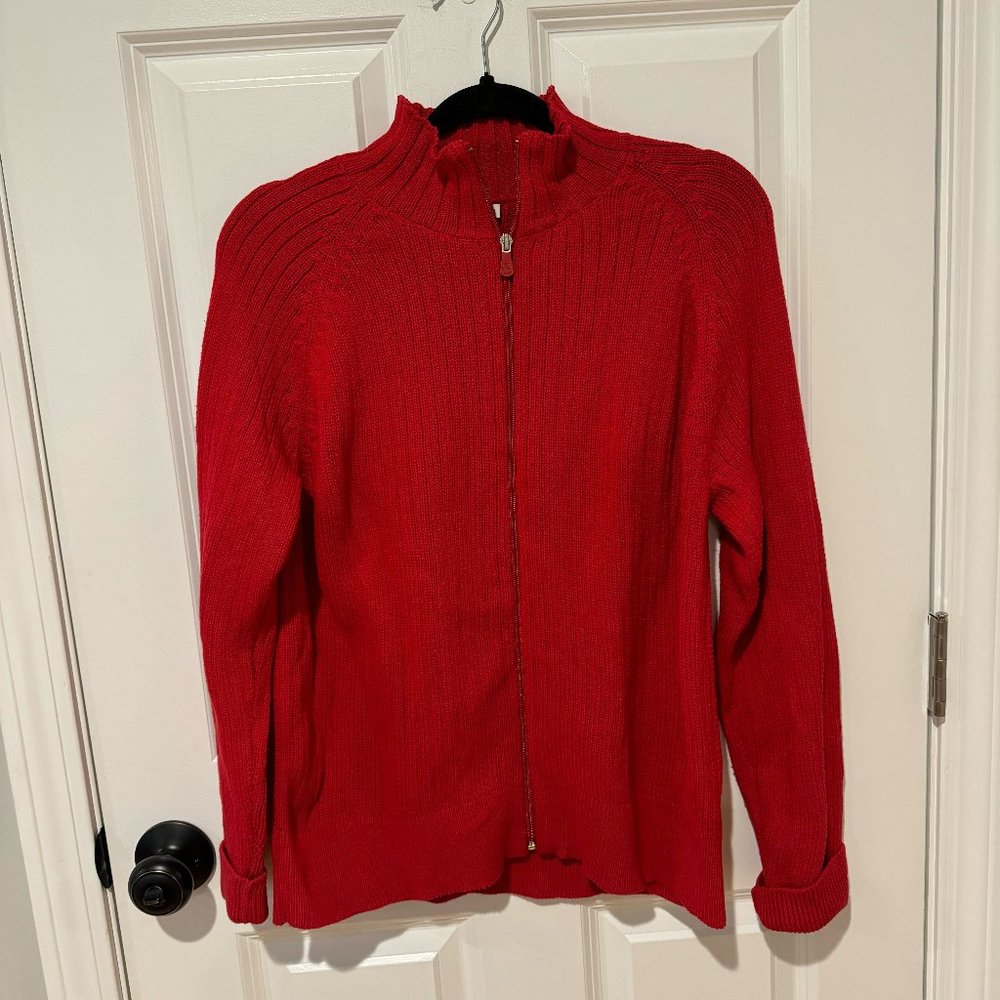 Calvin Klein Red Cotton Zip Up Ribbed Sweater‎ - Size Large
